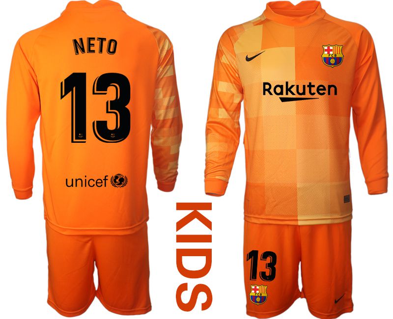 Youth 2021-2022 Club Barcelona orange red goalkeeper long sleeve #13 Soccer Jersey